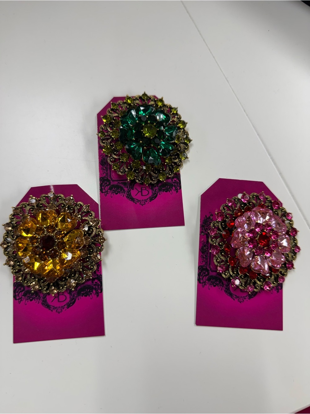 New 3PC Crystal Floral Brooch - Pink, Green, Yellow Options